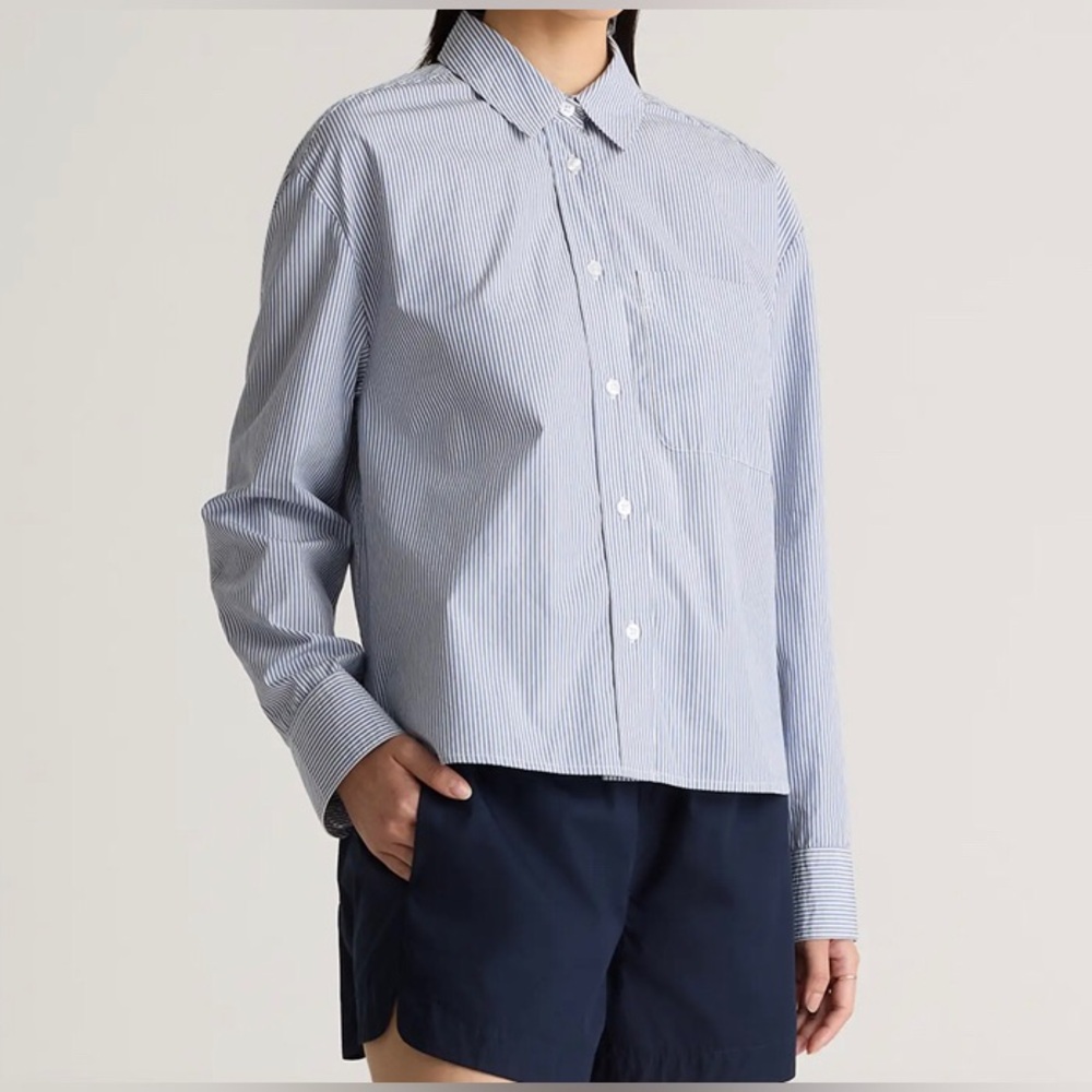 Quince 100% Organic Cotton Poplin Cropped Long Sleeve Shirt Striped NWT Womens L